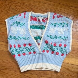 Urban Outfitters Pastel Blue Floral Knit Vest with Cream Trim
